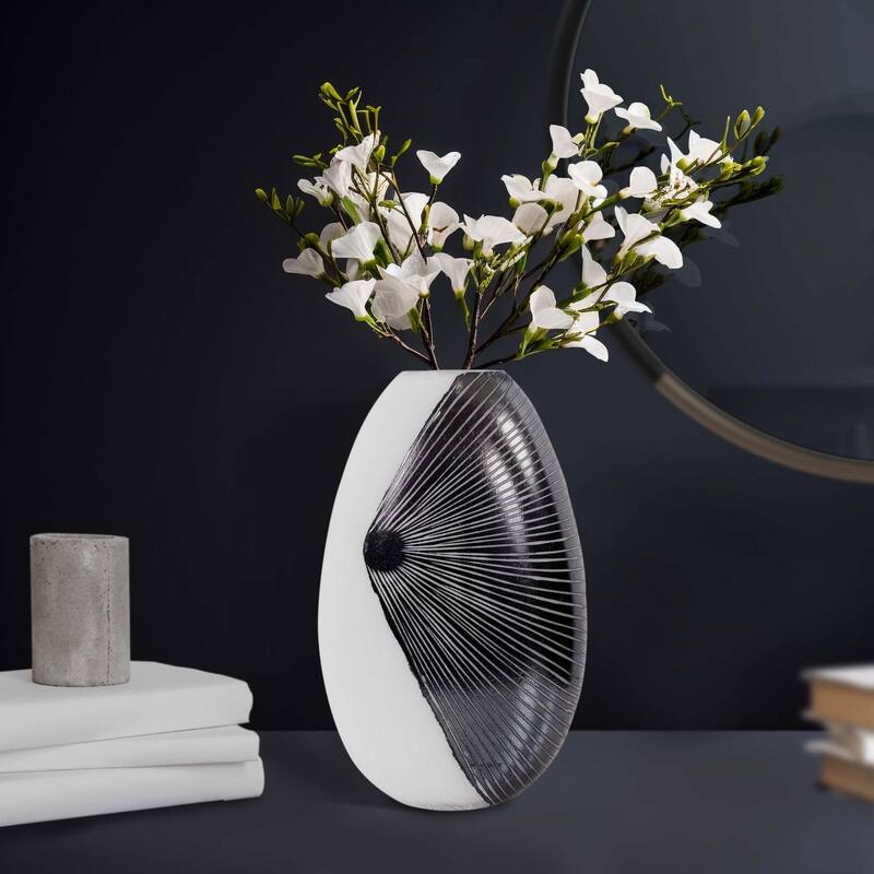 Allan Andrews Contemporary Glossy White Blown Glass Vase with Black Rays