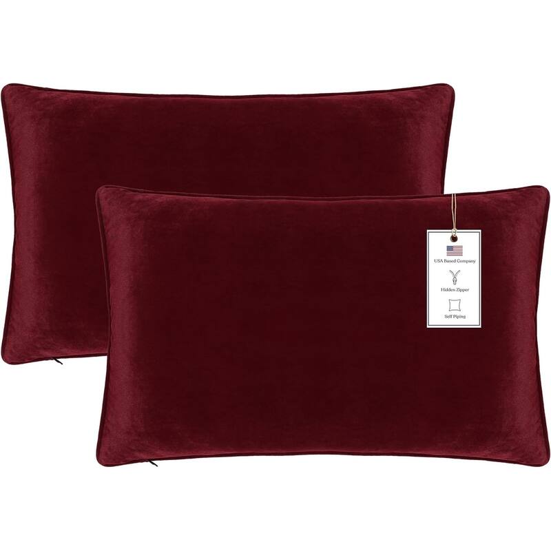 A1HC Set of 2 Luxurious Fine Soft Velvet Throw Pillow Covers Only, For Sofas, Beds, Vibrant Colors and Hidden Zipper - 12x20 Inches (Pack of 2) - Wine Red