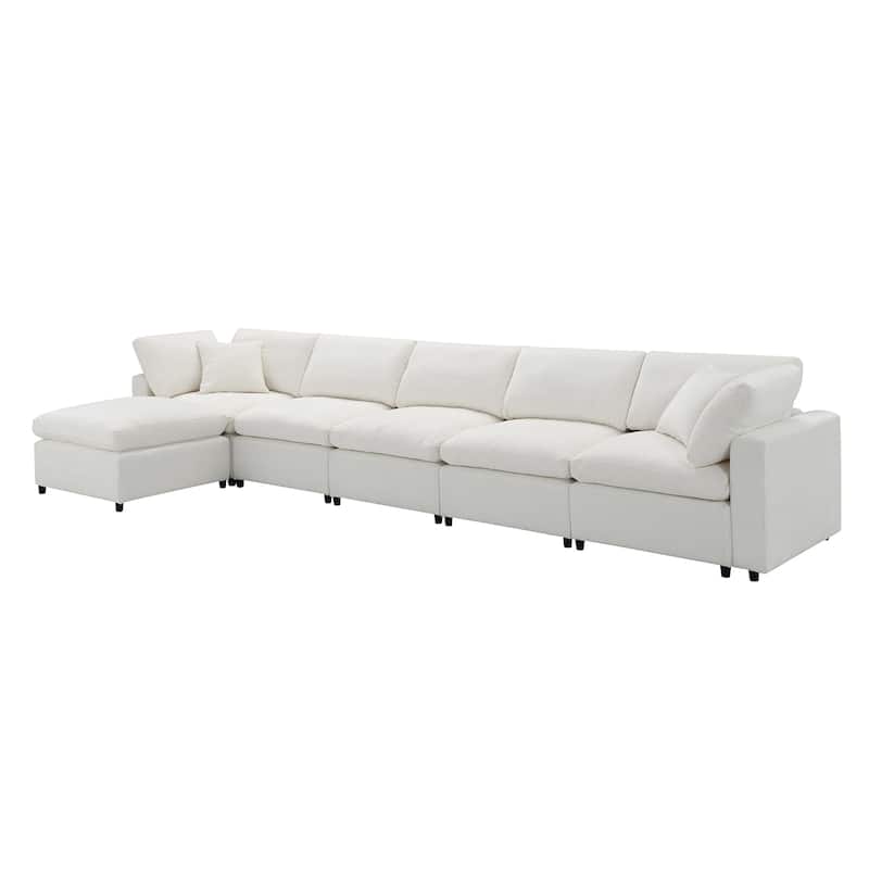 Beige 130" Chenille Cloud Upholstered Modular U-Shaped Sleeper Sectional Sofa, 6-Piece Free Combination with Removable Ottoman