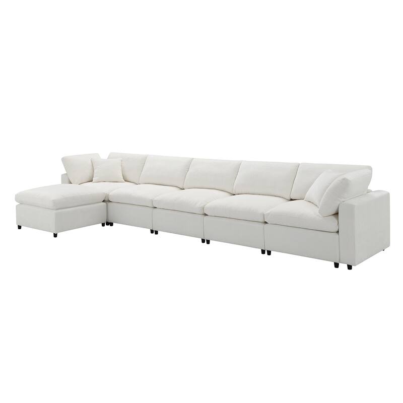 Oversized Chenille Sectional Sofa Bed, Modular 6 Seater Cloud Sofa with Ottoman, Convertible U Shaped Sleeper Sofa with Pillow