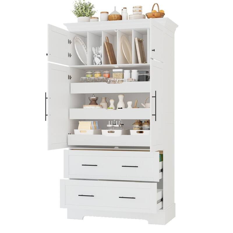 Farmhouse 72.6" Tall Kitchen Pantry with 4 Doors Storage Cabinet , 2 Drawers and Pull-out Trays for Cake Pan Storage Organizer