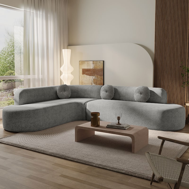 122'' Grey Polyester Sectional Sofa, Curved, 3 Round Cushions, High-Resilience Foam