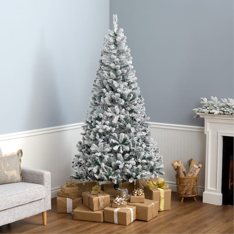 National Tree Company 7.5 ft Acacia Flocked Artificial Christmas Tree, Unlit, Hinged Branches, Includes Metal Stand - 7.5 Foot