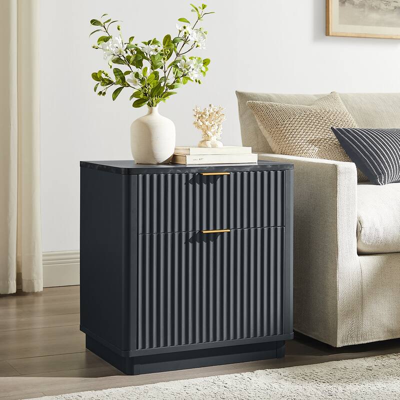 Modern Fluted Nightstand with Charging Station, 2 Drawer Bedside Table