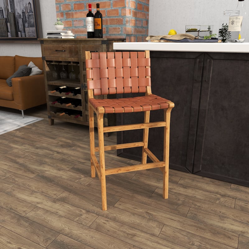 Camel Brown or Black Teak Wood Woven Leather Seat and Back Bar Stool with Beam Footrest