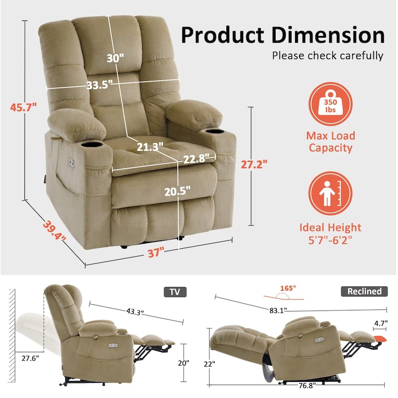 MCombo Large Dual Motor Power Lift Recliner Chair with Massage and Dual Heating for Elderly People, Faux Leather