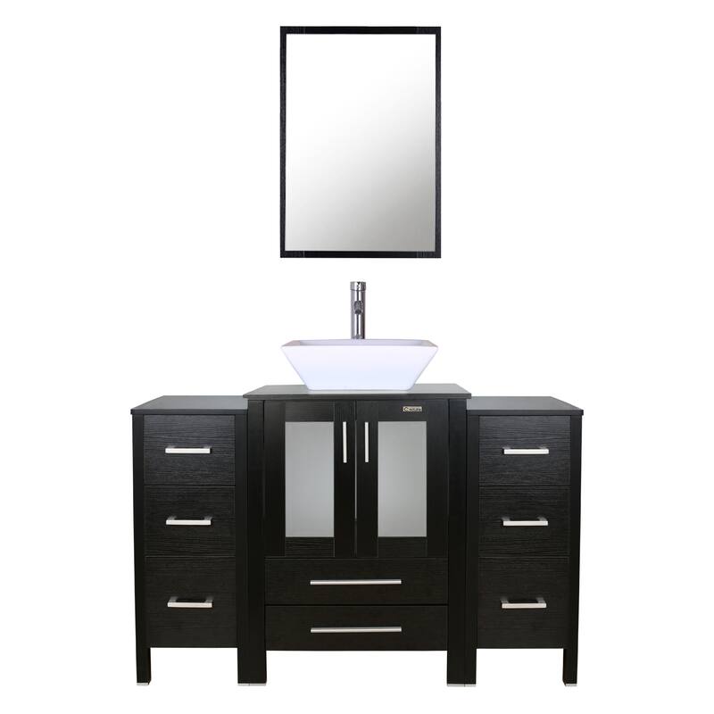 48" Bathroom Vanity Set Vessel Sink Mirror Faucet W/ Small Cabinet Combo - white ceramic square sink - Black