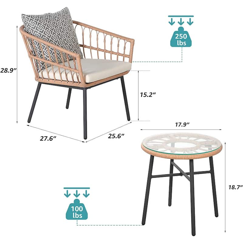 3 Piece Patio Furniture Outdoor Conversation Bistro Set with Tempered Coffee Table and Wicker Chairs for Garden Balcony