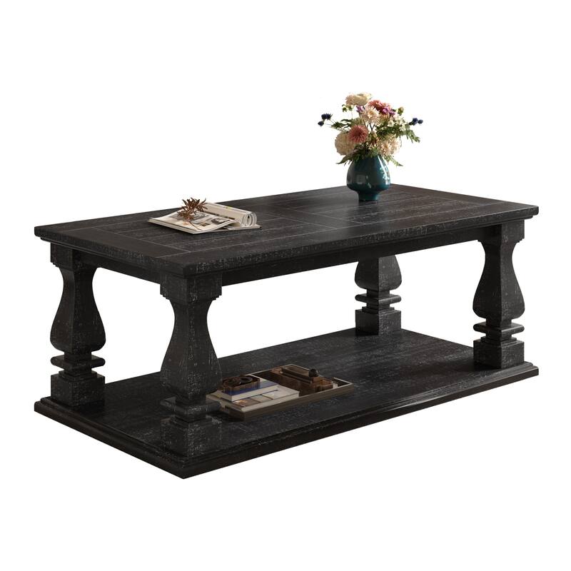 47" Black Farmhouse Coffee Table with Heavy Planked Top and Storage Shelf