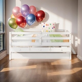Elegant Low Loft Bed Twin Size with Trundle, Full Safety Fence, Climbing ladder and Storage Drawers, Solid & Sturdy, White