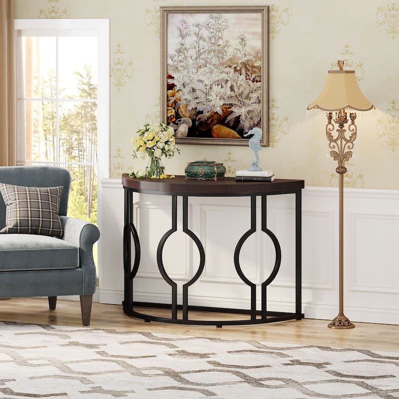 43" Half Moon Console Table for Entryway, Industrial Semi Circle Sofa Table with Geometric Base