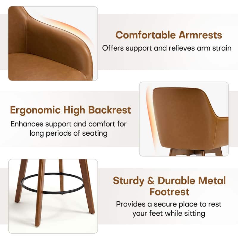 25 Inch Upholstered Swivel Counter Height Bar Stool with Armrests, Solid Wood Legs - 23.6"W x 22.4"D x 40.2"H