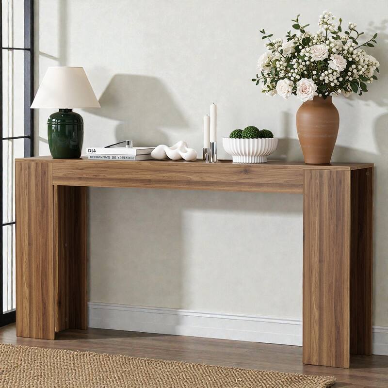 63 Inch Extra-Long Farmhouse Entryway Console Table, Narrow Sofa Table Behind Couch for Hallway, Living Room & Foyer - Walnut