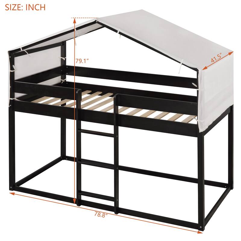 Twin Over Twin Wood Bunk Bed with Play Tent and Espresso Solid Wood, 250lb Capacity, Fun House Design for Kids