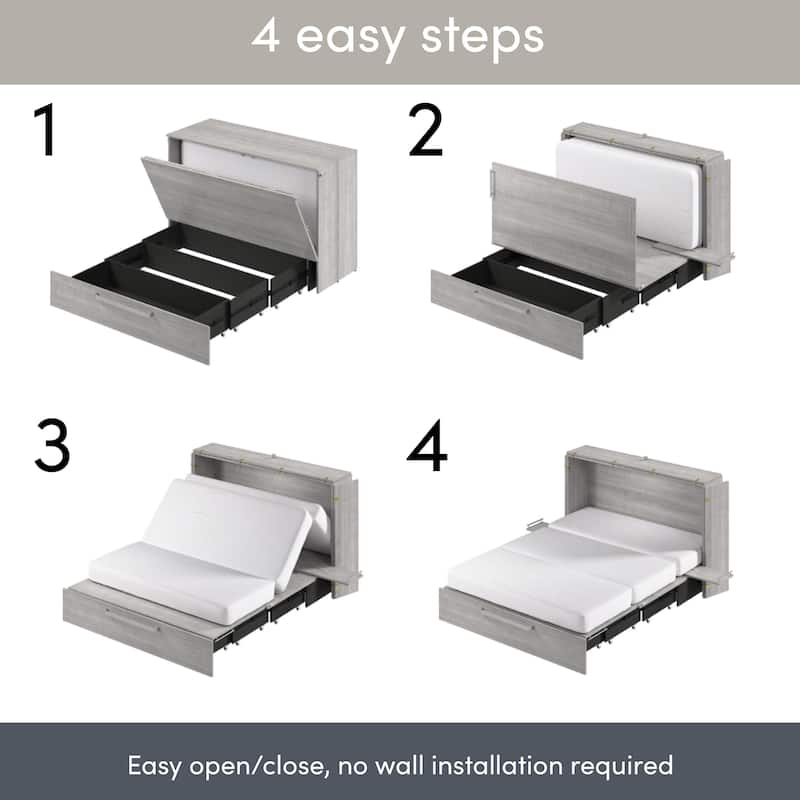 Bestar Borealis 57W Full Murphy Cabinet Bed with Drawer and Mattress