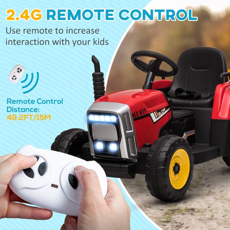 Aosom 12V Ride on Tractor with Trailer, 25W Dual Motors, Battery Powered Electric Tractor with Remote Control
