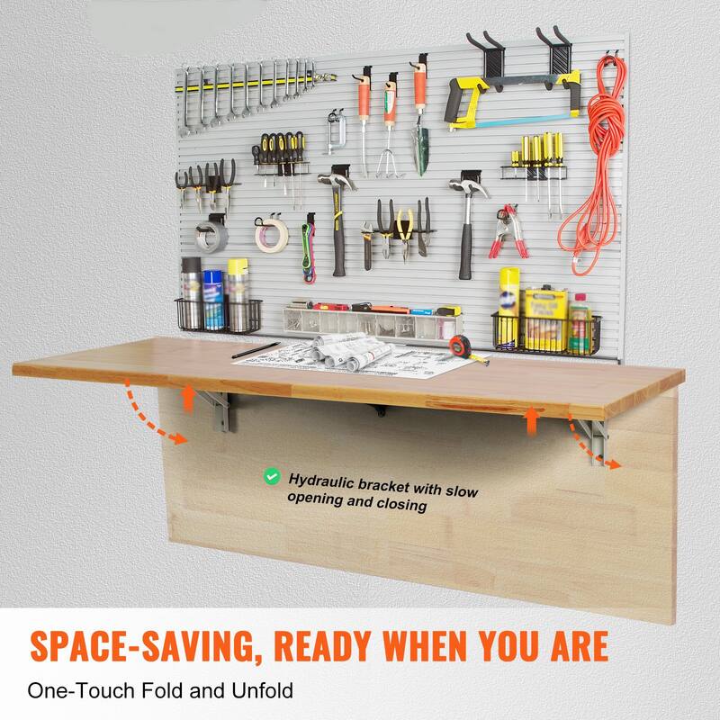 Natural Rubberwood Folding Desk, Wall Mount, 500 lbs Load Capacity and Space Saving