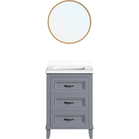 Hanover Ambridge 24-In. Bathroom Vanity Set includes Sink, Countertop, plus Cabinet w/2 Drawers & Round Accent Mirror, Gray