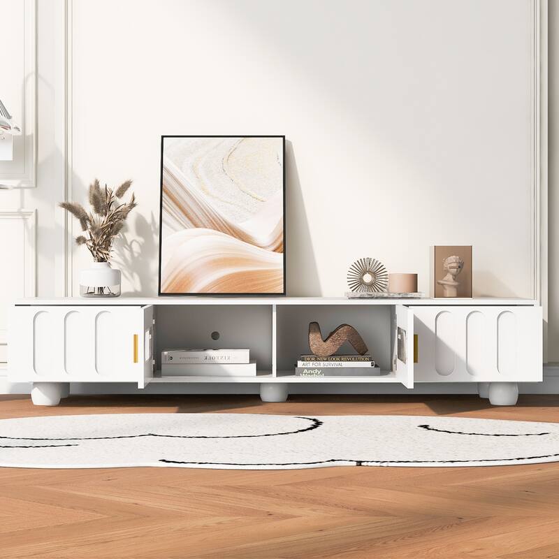 Contemporary 80" TV Stand with Glass Door, 2 Drawers & Cabinets, Solid Wood Legs, Metal Handles, TV Storage Console