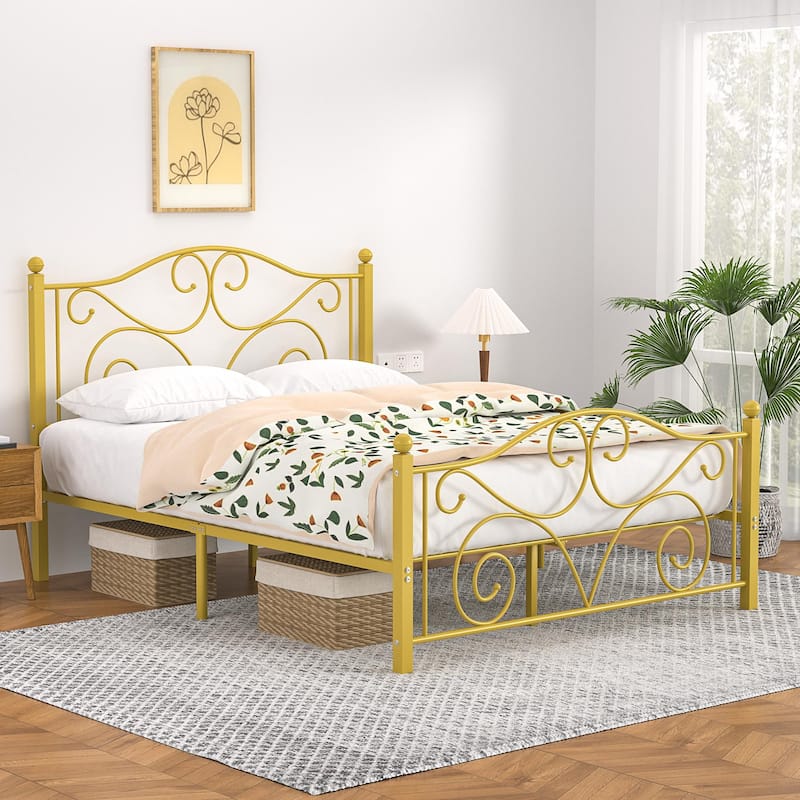 VECELO Metal Platform Bed Frame with Scroll Headboard, Twin/Full/Queen Size Beds