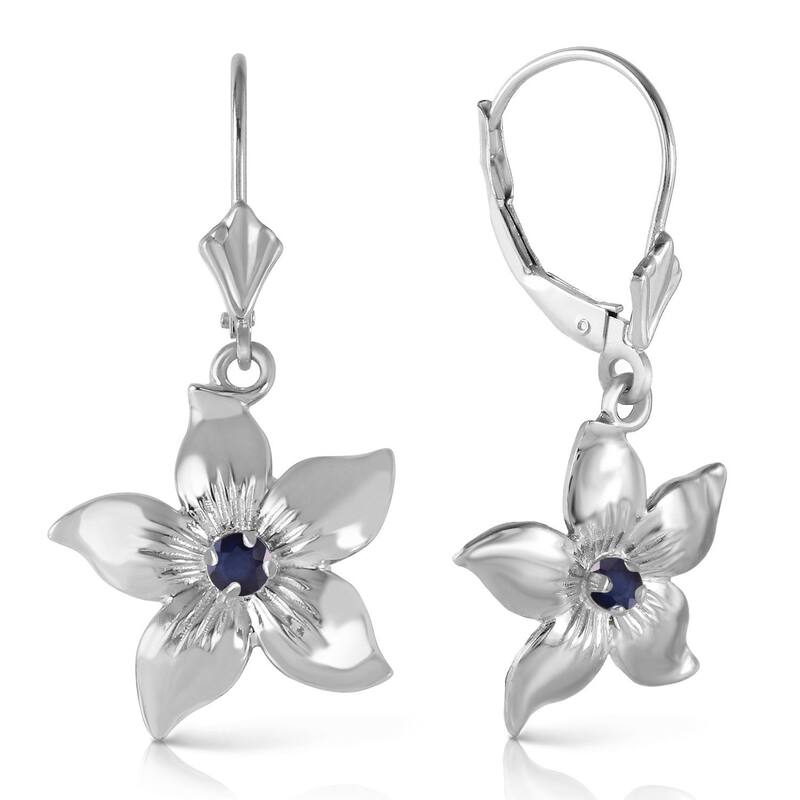 14K Solid Gold Leverback Flowers Gemstone Earrings w/ Sapphires - White