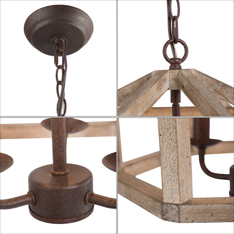 Farmhouse 3-Light Wood Chandelier Lantern Pendant Light for Kitchen Island Foyer