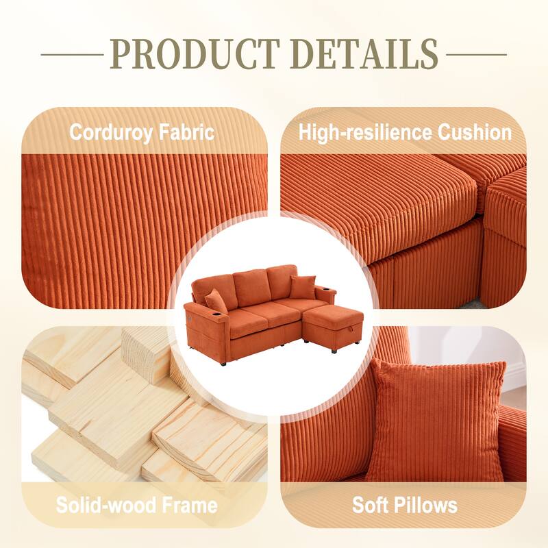 HOMEFUN Corduroy Upholstered L-shaped Pull-Out Storage Sectional Sofa with Storage Ottoman,USB Charging,Cup Holder