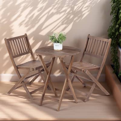 Acacia Wood Bistro Set with 2 Folding Chairs & Round Table, 3-Piece
