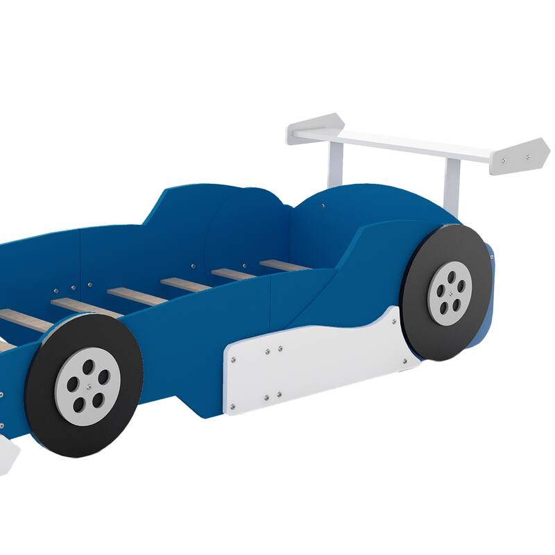 Twin Size Race Car-Shaped Platform Bed with Wheels, Blue