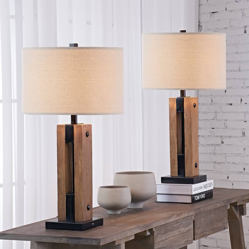 28" Brown/Black Table Lamp Set with USB (Set of 2)