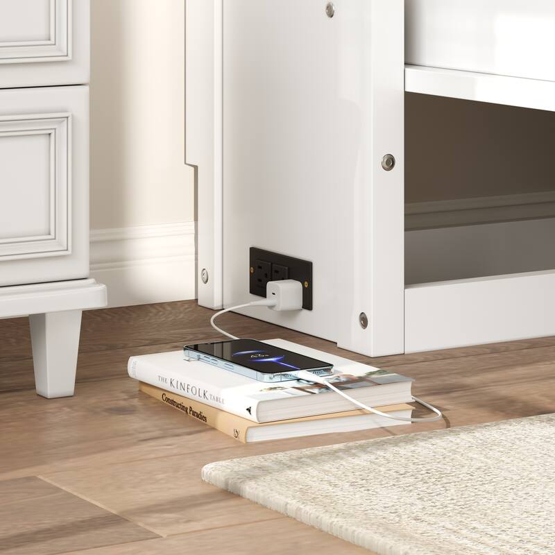 Compact Twin Murphy Bed with Charging Station, Drawer, and Storage Cabinets, White