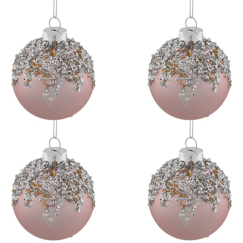 4ct Pink Beaded Sequined Glass Ball Christmas Ornament Set 2.75"