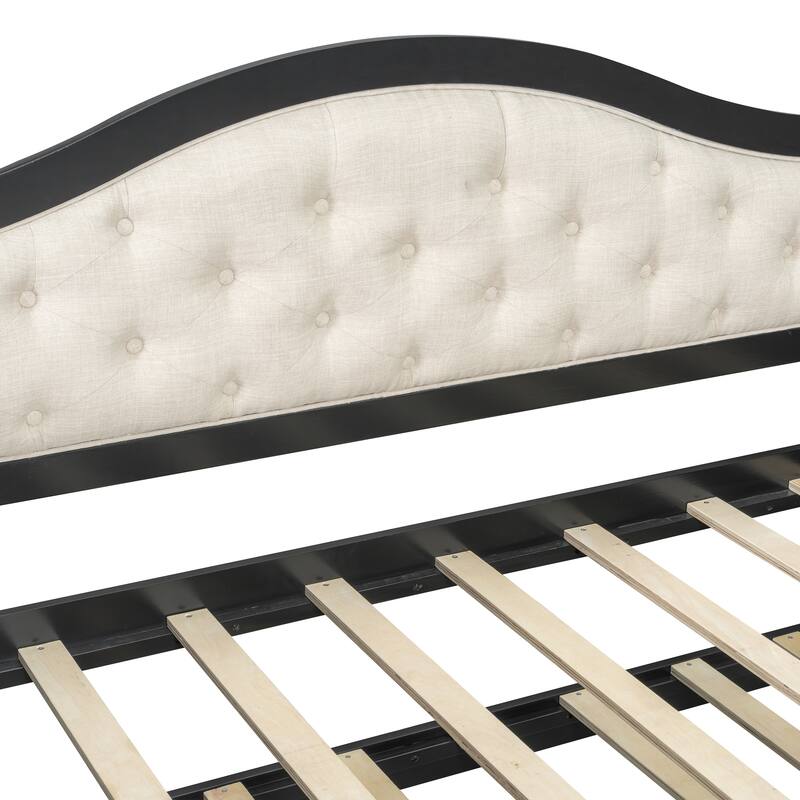 Wooden Frame Day Bed, Twin Size Daybed with Trundle Bed, Upholstered Tufted Button Backrest Sofa Bed with 2 Storage Drawers