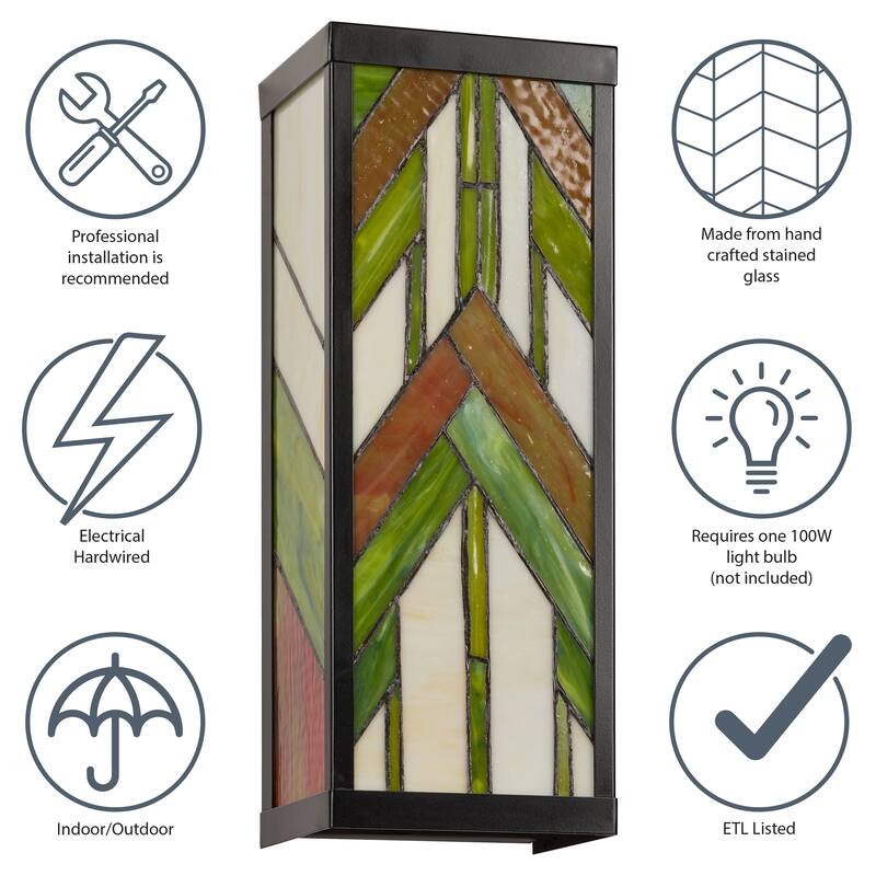 River of Goods Green Stained Glass and Black Satin Rectangular 1-Light Outdoor Wall Sconce - 6.25" x 5.5" x 16.25"