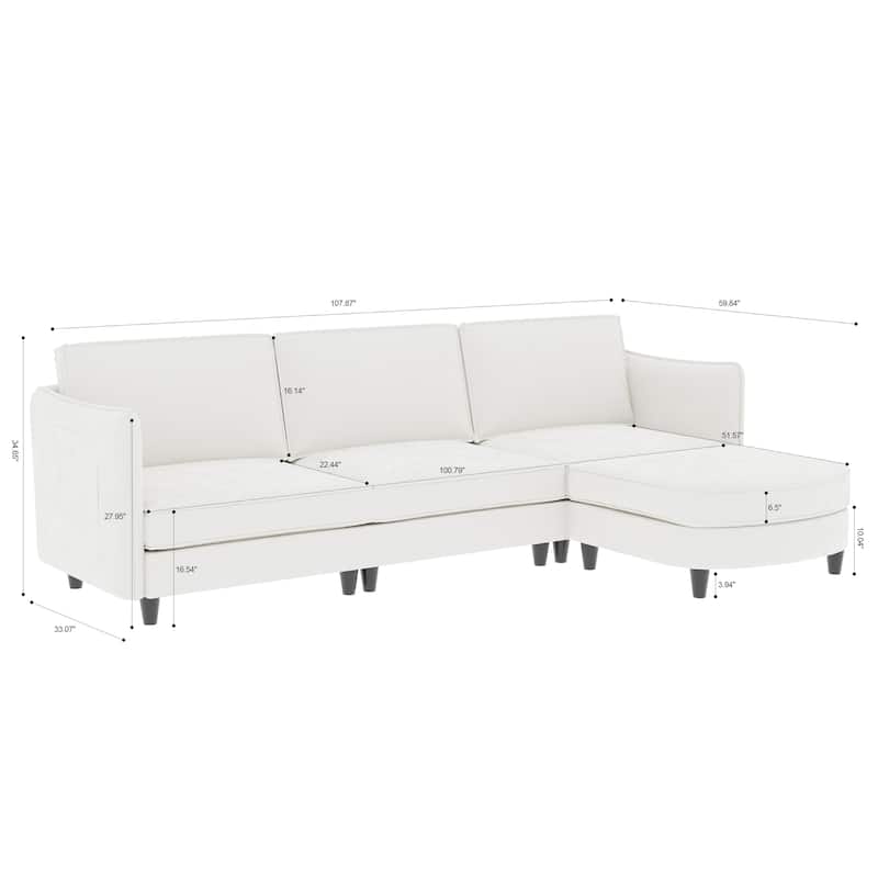 107.8'' 3 Seater L-Shaped Sofa with Ottoman, Arm Pockets, Fabric Couch (Beige)