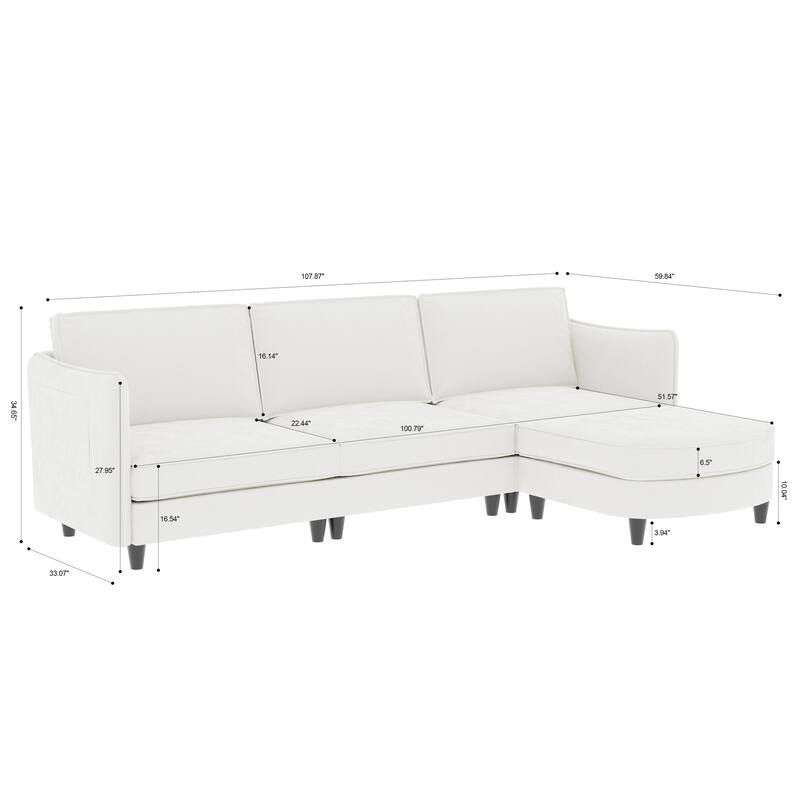 107.87" Fabric L-Shaped 3-Seater Sofa with Movable Ottoman, Arm Storage Pockets, and 800lb Capacity