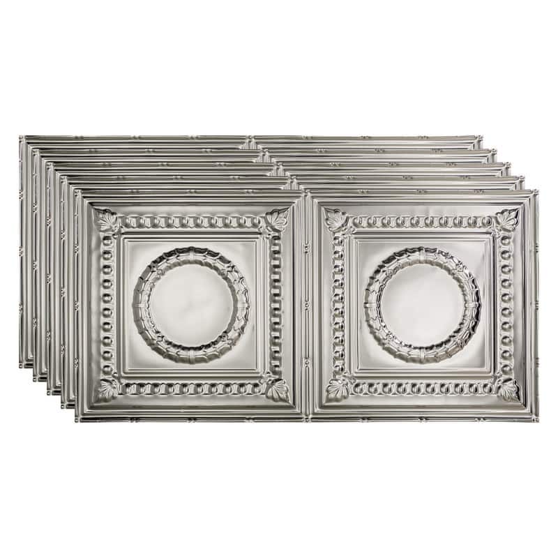 FASÄDE Rosette Decorative Vinyl 2ft x 4ft Glue Up Ceiling Panel in Brushed Aluminum (5 Pack) - 5 Pack - Brushed Aluminum