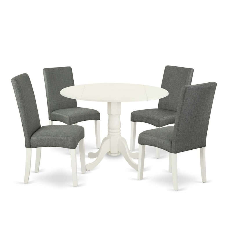 Round Kitchen Table Set 5pc 42" Table w/ Drop Leaves & 4 Parsons Chairs - Linen White Legs