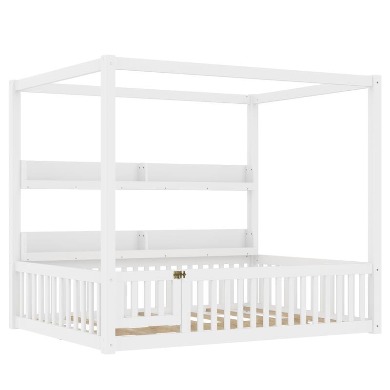 Full/Twin Montessori Floor Bed with Canopy, Guardrails & Shelves