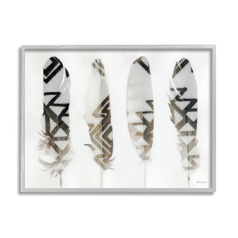 Stupell Modern Bird Feather Photograph Geometric Aztec Pattern Abstract Framed Wall Art - White - 30 x 24 - Grey