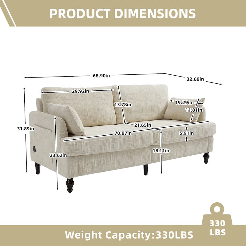 HOMEFUN Chenille Upholstered Mid Century Modern Wood Frame Loveseats Sofa with LED light,USB and Side Pocket