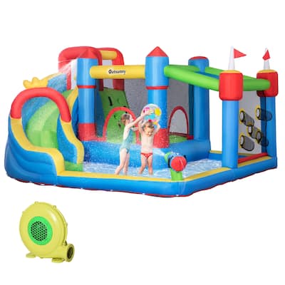 Outsunny 6-in-1 Inflatable Bounce House with Slide, Climbing Wall, Water Cannon, and More, Inflatable Water Slide for Kids