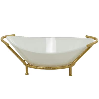 Glass Kitchen Serving Bowl with Gold Metal Stand - White - CosmoLiving by Cosmopolitan