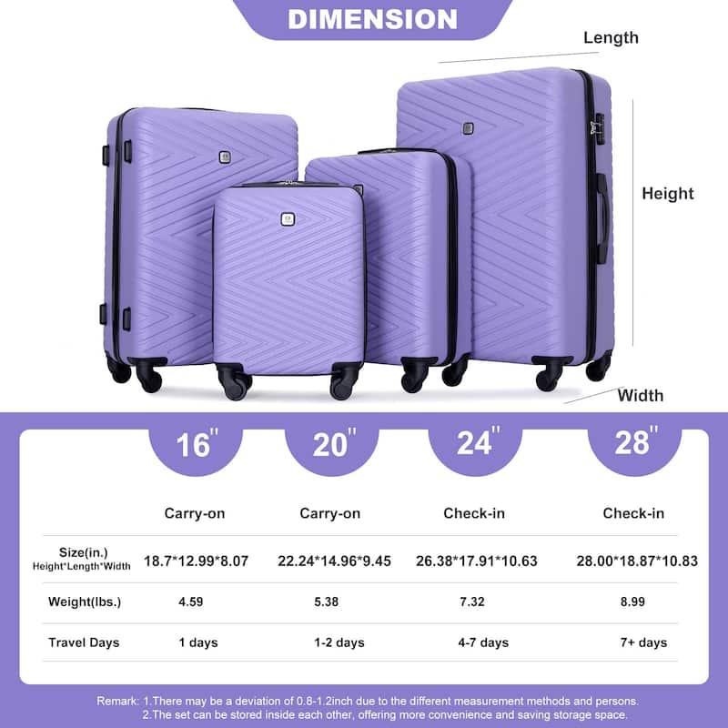4-Piece, Modern Lightweight Luggage with Swivel Wheels and TSA Lock, for Boarding Travel, Light Purple