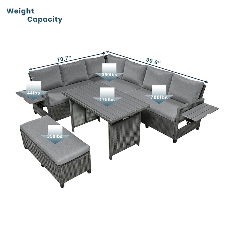 Roomfitters 5-Piece Outdoor Rattan Sofa Set, Patio Sectional Furniture with Dining Table, Storage Bench, Side Trays