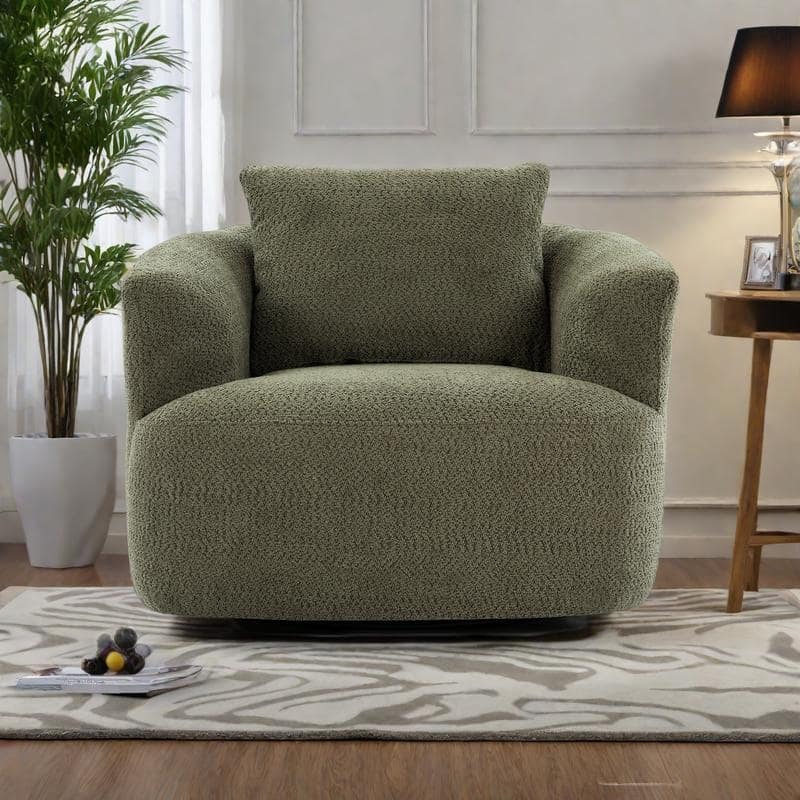 Chenille 360° Swivel Barrel Chair with Throw Pillow, Pocket Spring Cushion and Ergonomic Armrests