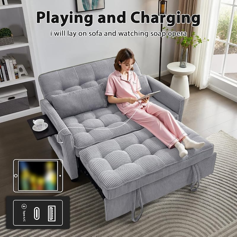 Sleeper Sofa Bed, 52" Convertible Pull Out Couch with Small Table,USB Port,Side Pockets,Corduroy Fabric,Adjustable Backrest