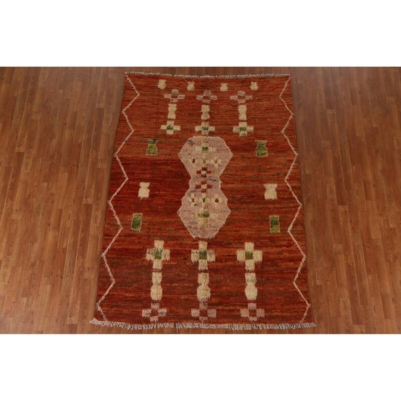 Hand Knotted Oriental 100% Wool Carpet Modern Tribal Oranges & Rust Moroccan Area Rug - 7' 8'' X 5' 6''