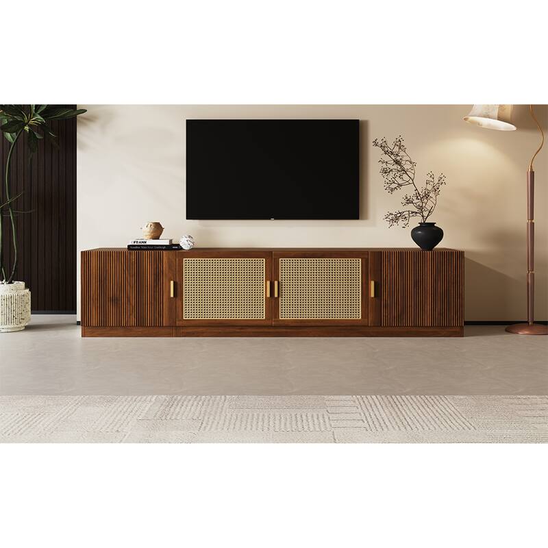 Roomfitters 78 Inch TV Stand for TVs up to 85 Inch, Walnut Media Console with Rattan Doors & Adjustable Shelf