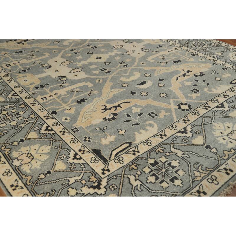 Light Blue Oushak Area Rug Handmade Transitional Floral Wool Carpet - 9'3" x 11'8"